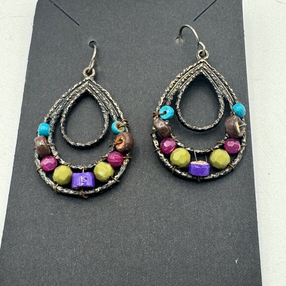 Teardrop Beaded Earrings With Multicolor Stones & Antique Bronze Finish - Picture 2 of 3